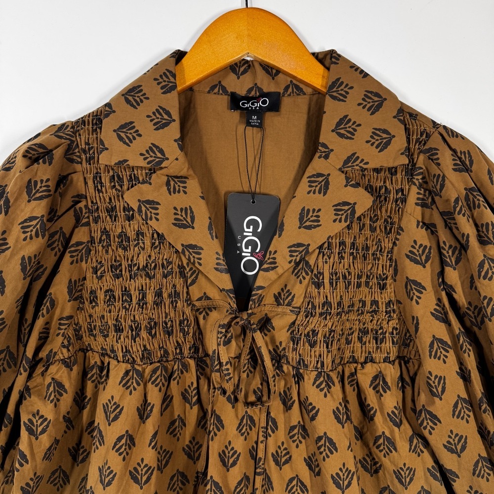 Gigio by Umgee Brown Medium Printed VNeck Blouse Balloon Sleeve Neutral Festival - Picture 2 of 10